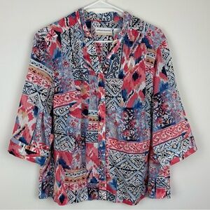 Alfred Dunner Patchwork-Print Button Front Shirt 100% Cotton size 16 boho